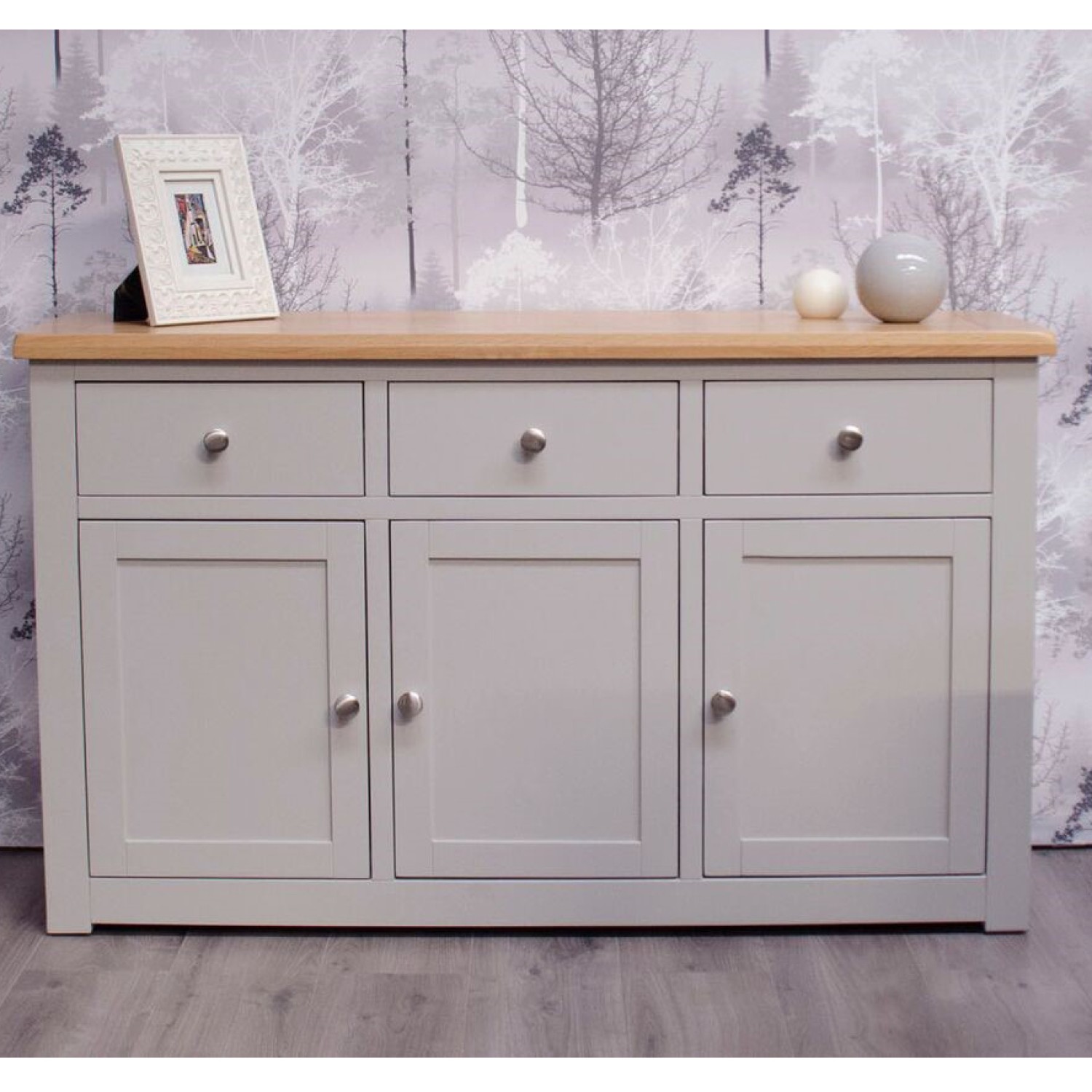 Gray oak store sideboard